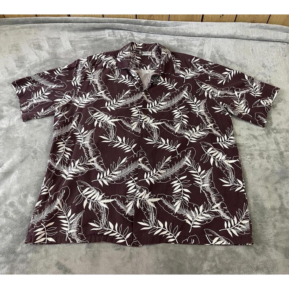 Aloha Republic Hawaiian Aloha Shirt XL Brown White Floral Leaf Fronds